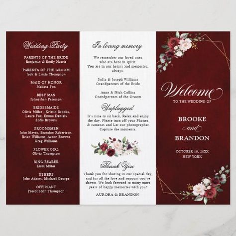 Maroon Roses, Modern Wedding Program, Country Barn Weddings, Wedding Programs Template, Watercolor Bouquet, Coral Flowers, Program Ideas, Wildflower Wedding, Wedding Program