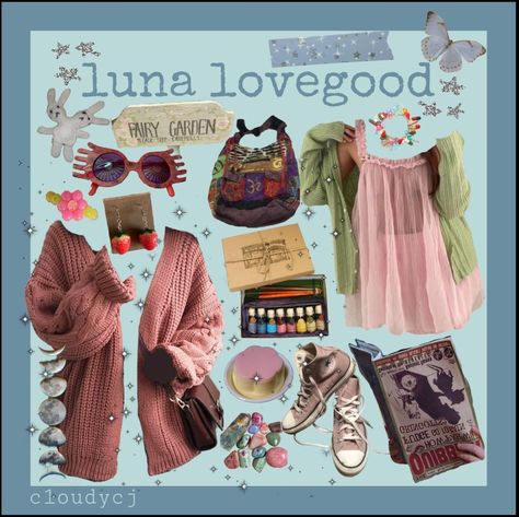 luna lovegood, harry potter, modern happy potter, modern luna lovegood, luna lovegood aesthetic, harry potter aesthetic, fairycore Luna Lovegood Costume Ideas, Luna Lovegood Inspired Nails, Luna Lovegood Bedroom, Luna Lovegood Outfits Aesthetic, Luna Love Good Costume, Pandora Lovegood Outfit, Luna Lovegood Moodboard, Luna Lovegood Diy Costume, Luna Lovegood Nails