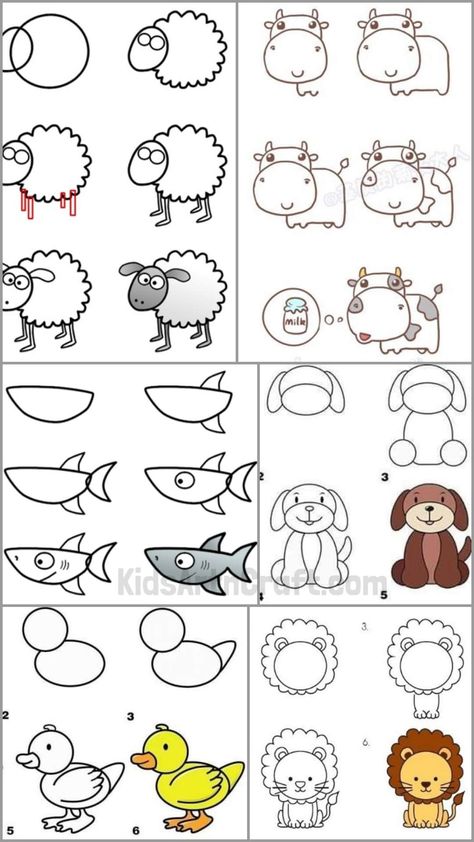 Easy Animals to Draw with Step by Step Tutorials - Kids Art & Craft Easy Way To Draw Animals, Learn To Draw Animals, Step To Step Drawings, How To Draw Farm Animals Easy, Chalk Animals Easy, Step By Step Chalk Drawing, Easy To Draw Animals Step By Step, How To Draw Stuffed Animals, Easy Cute Animals To Draw