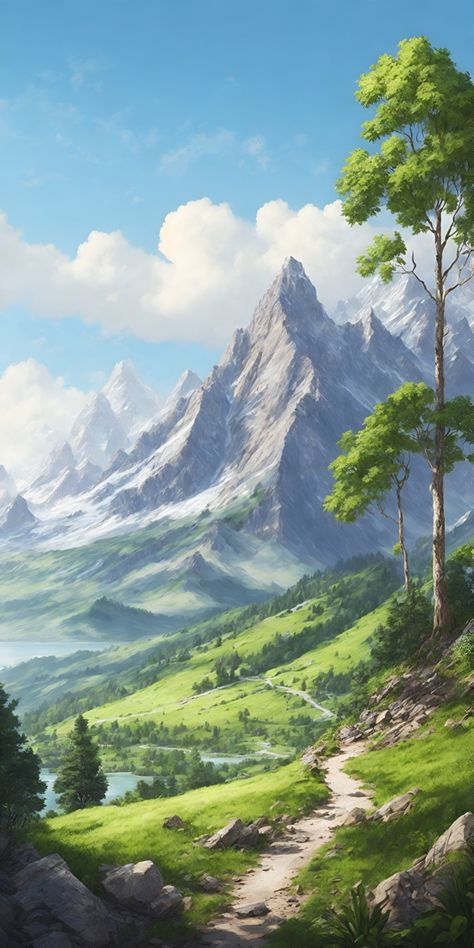 Scenery Mountain Landscapes, Anime Mountain Background, Fantasy Inspiration Scenery, Mountain Scenery Photography, Landscape Paintings Mountain, Painting Ideas Mountains, Beautiful Mountains Scenery, Digital Art Scenery, Fantasy Landscape Illustration