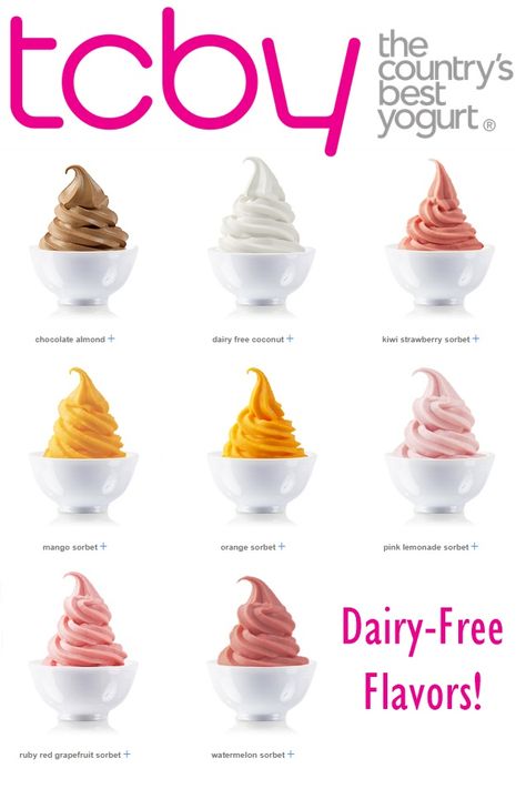 TCBY Dairy-Free Flavors, Menu Items, and FAQs Frozen Yogurt Flavors, Dairy Free Frozen Yogurt, Dairy Free Gelato, Flavored Yogurt, Watermelon Sorbet, Orange Sorbet, Strawberry Sorbet, Mango Sorbet, Yogurt Flavors