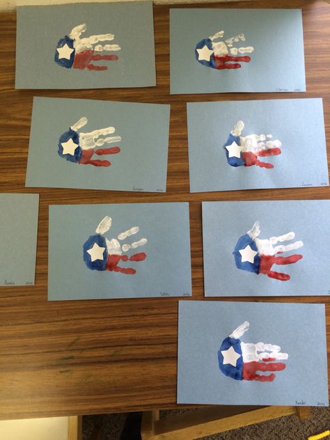 Texas flag handprint Texas Rodeo Crafts Preschool, Go Texan Day Activities, Texas Flag Craft Preschool, Country Activities For Preschool, Texas Preschool Theme, Rodeo Lesson Plans Preschool, Texas Week Preschool, Texas Theme Preschool Activities, Flag Activities Preschool