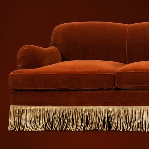 As seen in the current issue of House Beautiful, our Basel English roll arm sofa with fringe skirt. Sofa With Fringe, English Roll Arm Sofa, Skirted Sofa, Window Seating, Roll Arm Sofa, Old Schoolhouse, Purple Sofa, Curved Sofa, Fringe Skirt