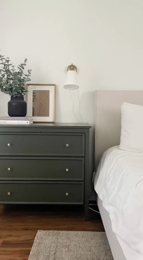 Bedrooms With Green Furniture, Bedroom Green Nightstand, Dresser Night Stand, Dressers As Bedside Tables, Dresser Bedside Table Ideas, Dark Green Nightstands, Side Table Dresser, Nightstand Paint Colors, Green Nightstand Bedroom Ideas