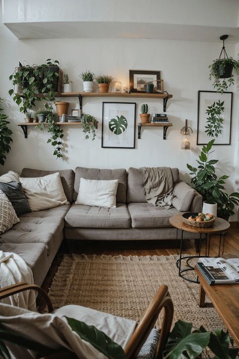 Keep ALIVE: 10 Best LOW Light Indoor Plants (Easy Care) Room Idea With Plants, Simple Living Room With Plants, Plant Themed Living Room Apartment, Living Room Plant Inspiration, Neutral Plant Living Room, Living Room With House Plants, Living Room With No Ceiling Light, Greenery Apartment Decor, Living Room Lighting Aesthetic