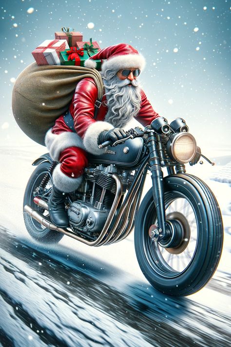 Santa Claus riding a cafe racer motorcycle with a sack of gifts on his back Biker Christmas, Motorcycle Christmas, Harley Davidson Artwork, Xmas Art, Christmas Pics, Classic Motorcycle, Retro Motorcycle, Brat Style, Christmas Parade