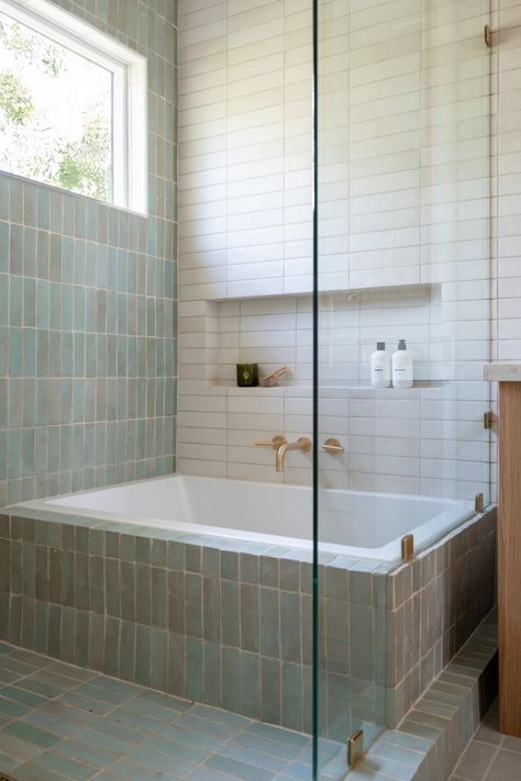 San Clemente Sweeties — Solstice Interiors Two Bathtubs In Bathroom, Deep Bath Shower Combo, Wet Room Bathroom Drop In Tub, Cathedral Ceiling Bathroom Ideas, Tub In Shower Room, Combined Shower And Tub Area, Drop In Tub Wet Room, 3 Wall Shower Ideas, Tiled In Tub