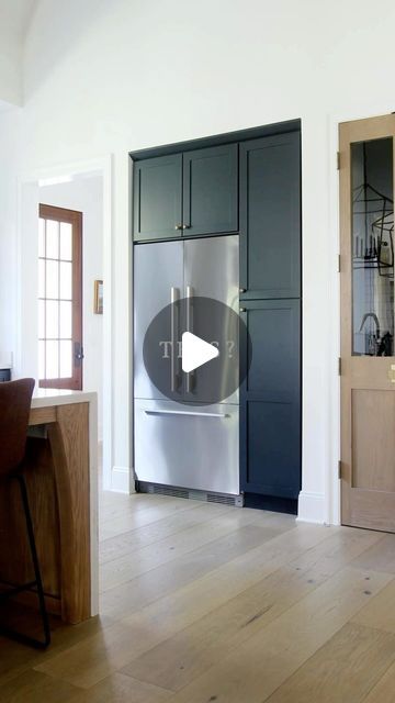 Kelly Jones on Instagram: "Ever since Henry completed the custom white oak built-in fridge in the flip house, I have been thinking about doing the same in our current home. What are your thoughts? Henry also wrote a detailed tutorial on this DIY. If you would like us to send this to you, comment “Custom Panels.”

#kitchendesign #kitchenremodel #kitcheninspiration #beforeafter #kitchenideas" Fridge Area In Kitchen, Cabinet Fridge Built Ins, Built In Fridge Cabinet, Cabinets Around Fridge, Kitchen Fridge Ideas, Stained Island, Built In Fridge, Dr Kitchen, Built In Kitchen