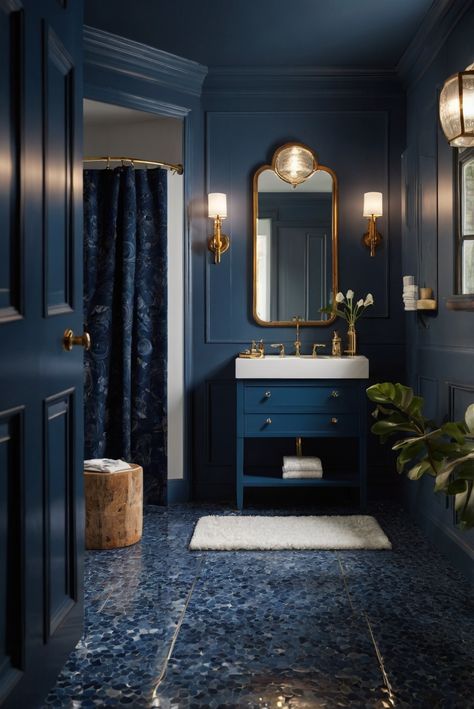 Unleash sophistication in your bathroom with the classic blues of Blue Suede Shoes (798). Dive into our daily interior designer routine for inspiration and elegance! #Ad #homedecor #homedesign #bathroom #Painthome interiorarchitecture best Wall Colors for Bathroom Colors Bright Room Colors best colors combinations bathroom bathroom Remodeling Modern Paint Colors 2024 Blue On Blue Bathroom, Powder Room Navy Blue, Blue Panelled Bathroom, Bathroom Paint Combinations, Cerulean Blue Bathroom, Small Bathroom Dark Colors, Bathroom Decor Blue Walls, Rich Blue Paint Colors, Blue Bathroom Paint Ideas