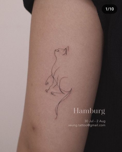 Grey And White Cat Tattoo, Cat Wrist Tattoo, Tattoo With Cat, Fineline Cat Tattoo, One Line Cat Tattoo, Cat Memory Tattoo, Feline Tattoo, Minimal Cat Tattoo, Pet Portrait Tattoos