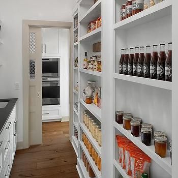 Cream Pocket Pantry Door with Chicken Wire Narrow Pantry Storage, Pantry With Shallow Shelves, Narrow Wall Pantry, Narrow Larder Cupboard, Walk In Pantry Wall Ideas, Long And Narrow Pantry Ideas, Semi Walk In Pantry, Shallow Pantry Shelving Ideas, Shallow Wall Pantry Ideas