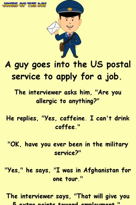 A guy goes into the US postal service to apply for a job – Jokes Of The Day Apply For A Job, Clean Funny Jokes, Us Postal Service, Funny Long Jokes, Clean Jokes, Long Jokes, Jokes And Riddles, Joke Of The Day, Funny Jokes For Adults