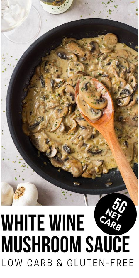 Rich in flavors and quick and easy-to-make, this white wine mushroom sauce with cream is a keto, low carb, and gluten-free recipe. It is a very satisfying comfort food that can accompany almost any of your main dishes. Roasted Beef Tenderloin With Mushrooms And White Wine Cream Sauce, Keto Mushroom Sauce, Mushroom White Wine Sauce, Garlic White Wine Sauce, Keto Mushrooms, White Wine Cream Sauce, Mushroom Sauce Recipe, Mushroom Cream Sauces, Canned Mushrooms