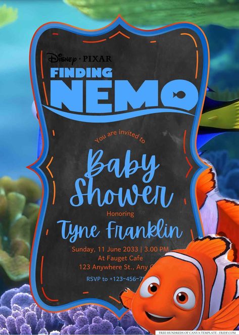 Finding Nemo Baby Shower Invitation Templates Check more at https://www.fridf.com/finding-nemo-baby-shower-invitation-templates/ Pixar Baby Shower Ideas, Nemo Baby Shower Ideas, Finding Nemo Baby Shower Ideas, Finding Dory Baby, Nemo Baby Shower, Finding Nemo Baby, Nemo Baby, Finding Nemo Party, Nemo Party