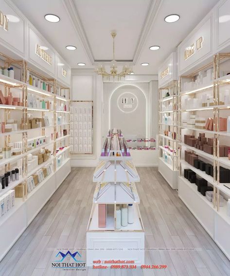 Make Up Shop Interior Design, Beauty Store Layout, Aesthetic Shop Interior, Cosmetic Shop Interior Design Shelves, Skincare Shop Interior, Cosmetics Shop Design Store Interiors, Small Cosmetic Shop Interior Design, Perfume Store Interior Design, Perfume Shop Interior Design