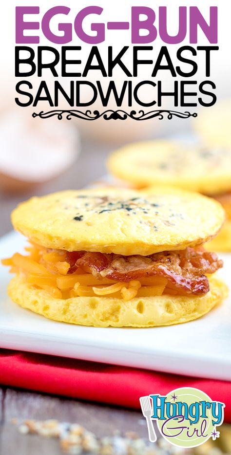 Low-Carb Egg-White Breakfast Sandwiches + More Healthy Breakfast Recipes | Hungry Girl Egg Patties How To Make, Gastric Bypass Breakfast Recipes, Egg Bun Breakfast Sandwich, Keto Egg Sandwich Breakfast, Keto Egg Sandwich, Egg Tomato Breakfast Sandwich, Bariatric Soft Food Breakfast Ideas, Bariatric Sandwich Recipes, Egg Patty For Sandwiches