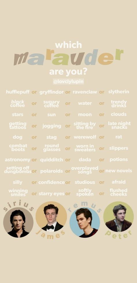 Which Marauder Are You Template, James Potter Personality, The Valkyries Marauders, Slytherin Skittles, Which Character Are You, Black Sisters, Marauders Map, Harry Pottah, All The Young Dudes