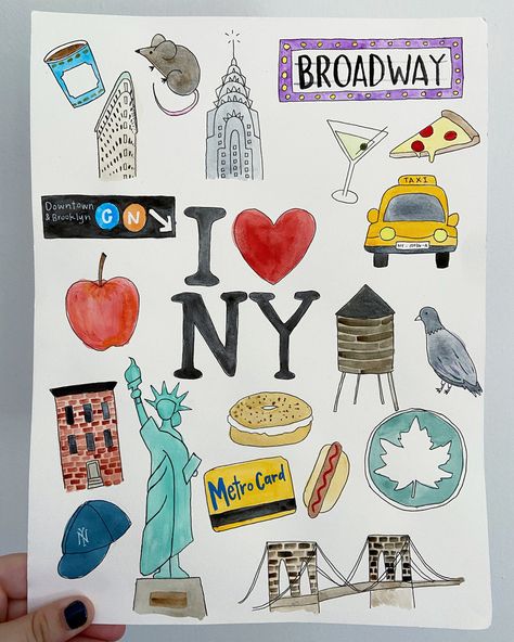 New York Simple Drawing, New York Canvas Painting, Nyc Aesthetic Drawing, New York Easy Drawing, New York City Doodles, Nyc Journal Page, New York Journal Ideas, How To Draw New York, Easy Nyc Painting