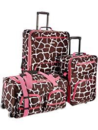 Rockland Luggage 3 Piece Printed Luggage Set, Pink Giraffe, Medium Rockland Luggage, Best Travel Luggage, Rolling Duffle Bag, Hardside Luggage Sets, Best Suitcases, 3 Piece Luggage Set, Pink Giraffe, Skate Wheels, Rolling Backpack