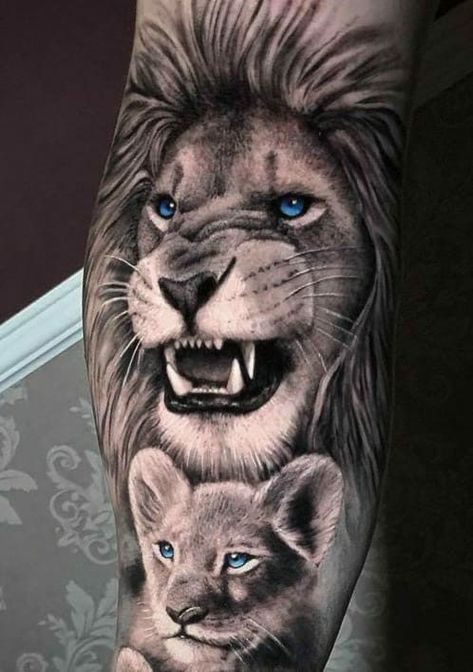 Upper Arm Tattoo Men Animal, Lion Son Tattoo, Father Daughter Lion Tattoos, Father Son Lion Tattoo, Tattoo For Son For Men, Tattoo Ideas For Men Lion, Father Son Tattoos For Men, Mom Lion And Cub Tattoo, Lion Forearm Tattoo For Men