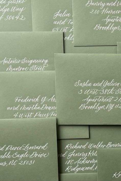 mid green envelopes with hand calligraphy Hand Written Wedding Invitation, Letter B Calligraphy, Calligraphy Addressed Envelopes, Wedding Envelopes Design, B Calligraphy, Vineyard Wedding Invitations, Calligraphy Envelope Addressing, Addressing Wedding Invitations, Daniel Island