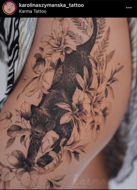 Panther Mandala Tattoo, Black Panther Floral Tattoo, Black Jaguar Tattoo For Women, Feminine Panther Tattoo, Jaguar Back Tattoo, Panther Back Tattoo, Leopard Tattoo Design For Women, Cheetah Aesthetic, Cute Tattoo Ideas