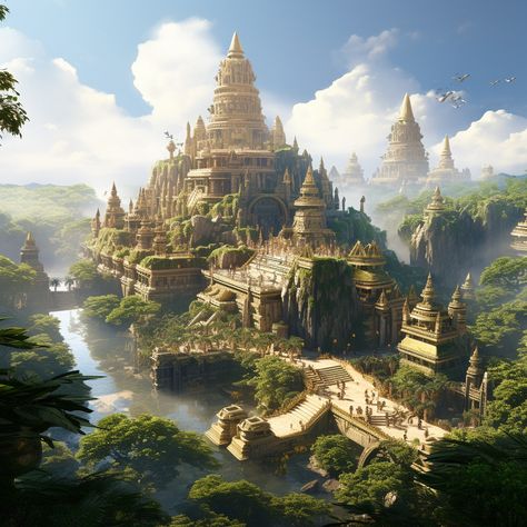 A sprawling ancient citadel nestled amidst lush tropical jungles, inhabited by a civilization led by a ruler reminiscent of King Ravana. Dive into the architecture, culture, and mystique of this fictional kingdom Ravana Palace, King Ravana, Jungle Temple, Ancient Pyramids, Dragon Silhouette, Ancient Indian Architecture, Ancient Kingdom, Tropical Architecture, Jungle Art