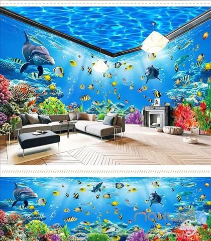 Aquarium Mural, Art Print Wallpaper, 3d Floor Art, Underwater Room, Corridor Entrance, Ocean Themed Bedroom, Mural Room, Entrance Wall, Ocean Room