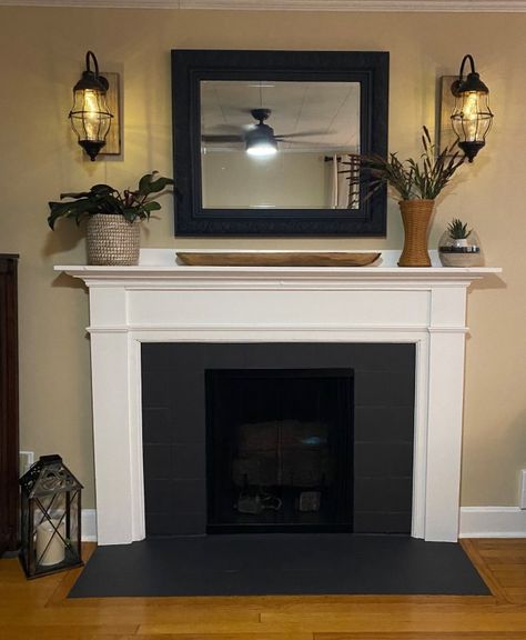 Wood Fireplace Painting Ideas, Repainting Fireplace Mantle, Paint Old Fireplace, Fireplace Paint Tile, Coal Fireplace Makeover, Painted Black Tile Fireplace, Redoing Fireplace Ideas Tile, Fireplace Mantle Redo, White Fireplace Makeover