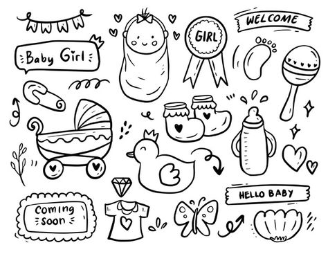 User4682099 | Freepik Baby Mehndi Design, Pregnancy Scrapbook, Doodle Baby, Baby Book Pages, Baby Record Book, Doodle Girl, Drawing Collection, Baby Boy Shower Party, Doodle Paint