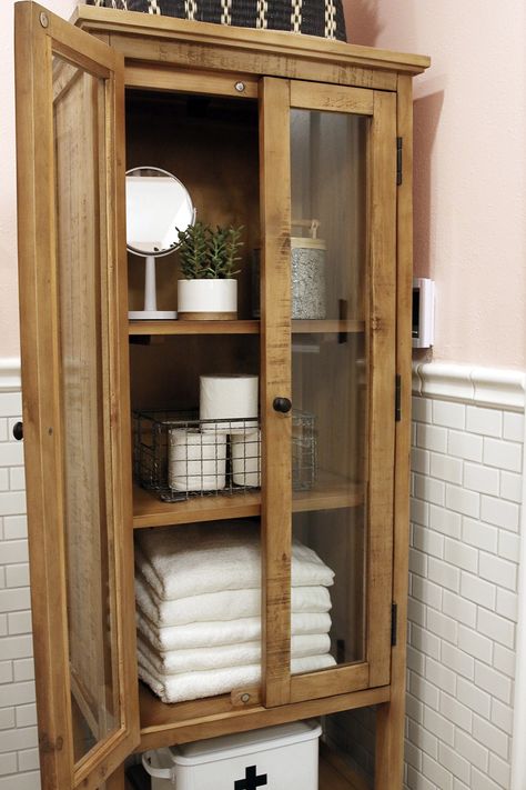 Powder Room Storage, Rustic Bathroom Cabinet, Powder Room Decor, Bathroom Linen Cabinet, Chris Loves Julia, Linen Cabinet, Boys Bathroom, Budget Bathroom, Girls Bathroom