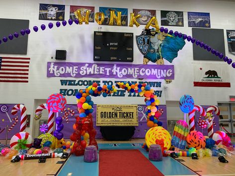 Some of our Grand Terrace High School “Home Sweet Homecoming” Rally Decor. Homecoming Coronation Decorations, High School Homecoming Ideas, Home Sweet Homecoming Theme, Candy Homecoming Theme, Candy Land Homecoming Theme, Sga Ideas High School, Homecoming High School, Rally Games High School, Homecoming Dance Themes High Schools