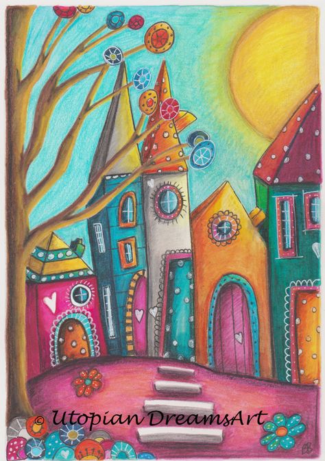 Coloured Pencil Art, Whimsical Houses, Whimsy Art, Whimsical Art Paintings, Modern Drawing, Art Whimsical, Whimsical Paintings, Soyut Sanat Tabloları, Quirky Art