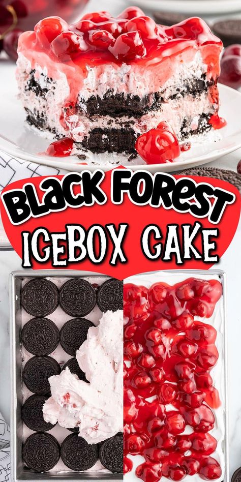 Black Forest Icebox Cake recipe is a quick and easy, no-bake refrigerator dessert made like a layered lasagna with a sweet fruit-flavored twist. This cool and creamy black forest cake is loaded with alternating layers of a velvety cream cheese cherry mixture and chocolate Oreo cookies, all sandwiched between a bottom and top base of whipped cream. Black Forest Oreo Dessert, Black Cherry Cake Recipe, No Bake Black Forest Cake, Cherry Icebox Cake, Black Forest Icebox Cake, Cherry Dream Dessert, Tortes Recipes Desserts, Black Forest Recipe, No Refrigeration Desserts