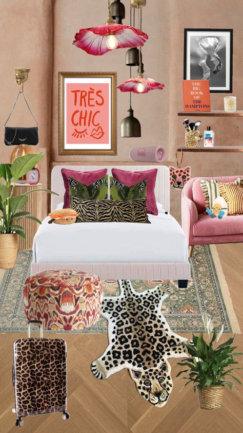 #homedecor #bedroom #bedroominspo #moodboards Raven Baxter Room, Throw Pillows Bedroom Ideas, Aries Bedroom, Groovy Salon, Dopamine Bedroom, Hot Pink Room Aesthetic, Pink Maximalist Bedroom, Funky Bedroom Ideas, Hot Pink Room