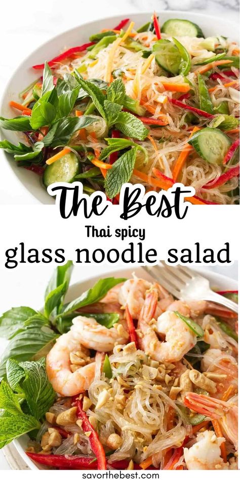 Discover our Glass Noodle Salad, featuring Thai-inspired flavors with shrimp and crunchy vegetables! Served cold, this hearty salad is drizzled with a spicy peanut dressing that packs a bold punch while keeping it cool and refreshing. Perfect as a main dish or a side, this noodle salad is so delicious. Cold Glass Noodle Salad, Asian Cold Noodle Salad, Chinese Salads, Thai Glass Noodle Salad, Asian Ramen Noodle Salad, Spicy Peanut Dressing, Glass Noodles Recipe, Glass Noodle Salad, Noodle Salad Cold