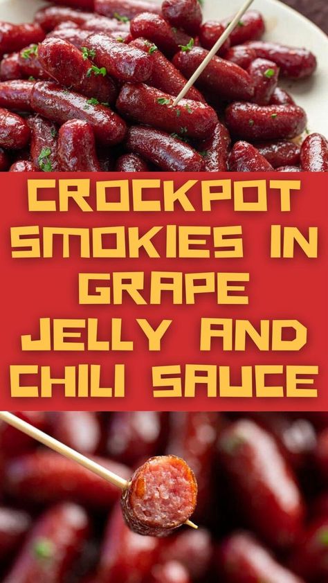 Grape Jelly Smokies, Crockpot Smokies, Cocktail Sausage Recipes, Superbowl Food Ideas, Grape Jelly Chili Sauce, Kielbasa Appetizer, Appetizers Puff Pastry, Crockpot Little Smokies, Hot Dog Appetizers