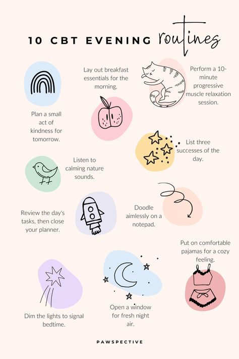 CBT evening routines are designed with the understanding that our thoughts, feelings, and behaviors are interconnected and can significantly impact sleep quality. By incorporating strategies that promote relaxation and reframe stress-inducing thoughts, these routines not only prepare the body for rest but also cultivate a mindset conducive to a restful night, aligning with CBT's approach to fostering well-being through practical, mindful actions. Evening Routines, Cbt Therapy, Healthy Coping Skills, Mental Health Therapy, This Is Your Life, Art Therapy Activities, Writing Therapy, Thai Massage, Therapy Tools