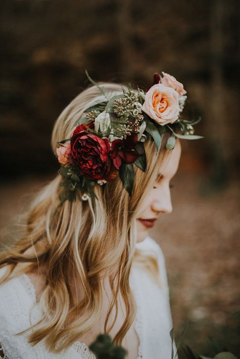 We have one word for this bold, bohemian flower crown: breathtaking | Image by The Marions Floral Crowns, Alaska Weddings, Bohemian Flower Crown, Flower Crown Bride, Flower Crown Hairstyle, Autumn Bride, Flowers In Her Hair, Bohemian Flowers, Spring Wedding Inspiration