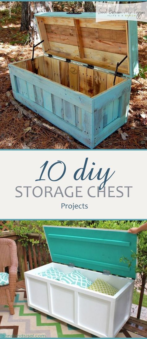 10 DIY Storage Chest Projects | Sand Between My Piggies- Beach Vacations and Travel - all things Beach Diy Storage Chest, Garden Diy Furniture, Chests Diy, Chest Ideas, Diy Storage Bench, Diy Rangement, Hemma Diy, Diy Garden Furniture, Diy Holz