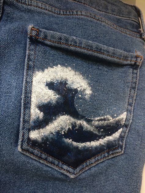 Denim Kunst, Pocket Painting, Haft Vintage, Diy Sy, Painted Clothes Diy, Haine Diy, Denim Art, The Great Wave, Custom Jeans