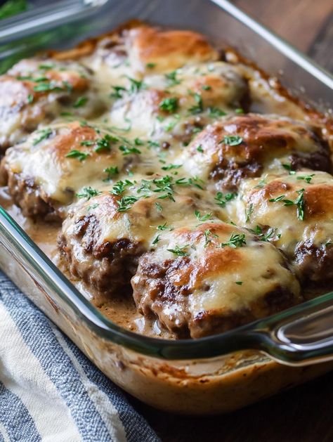 Amish Hamburger Steak Bake Hamb Meat Recipes, Baked Meat Ideas, Meal With Hamburger Meat Dinner Ideas, Hamburger Dishes Suppers, Hamburger Meals For Two, Hamburger Main Dishes, Hamburger Meat Recipes For Two, Hamburger Steak Baked In Oven, Potluck Hamburger Recipes