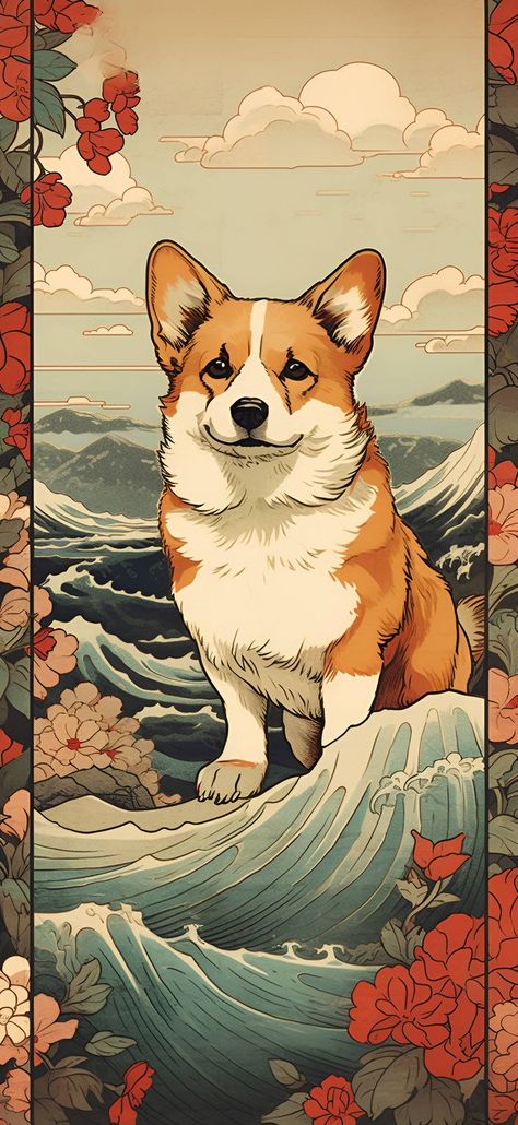 A Ukiyo-E style artwork of a Welsh Corgi cresting ocean waves with a flowered border, perfect for an aesthetic phone wallpaper. Corgi Wallpaper Iphone, Corgi Wallpaper, Corgi Drawing, Unique Wallpapers, Corgi Art, Aesthetic Wallpaper Iphone, Drawing Wallpaper, Dog Phone, Wallpaper Android