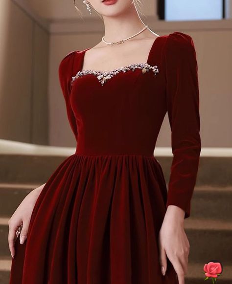 Dark Red Dress Long Elegant, Dark Red Long Dress, Pale Foundation, Beautiful Gown Designs, Red Dress Casual, Skirts Ideas, Bold Eyeliner, Velvet Evening Dress, Dark Red Dresses