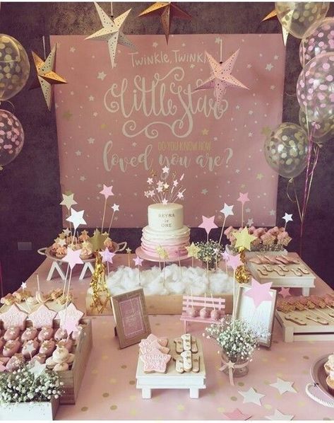 Pink Glitter Baby Shower Theme, Star Theme 1st Birthday Party, 1st Birthday Star Theme, Star 1st Birthday, Twinkle Twinkle Birthday Theme, Gold And Pink Baby Shower Ideas, Twinkle Twinkle Little Star Birthday 1st, Star Themed Baby Shower Ideas, Star Themed Baby Shower Decor