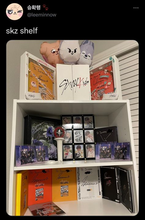 Walk In Closet Hangout Space, Skz Album Shelf, Small Kpop Shelf, Stay Room Decor Skz, Skz Diy Ideas, Small Kpop Room Ideas, Kpop Album Display, Skz Album Collection, Stray Kids Room Ideas