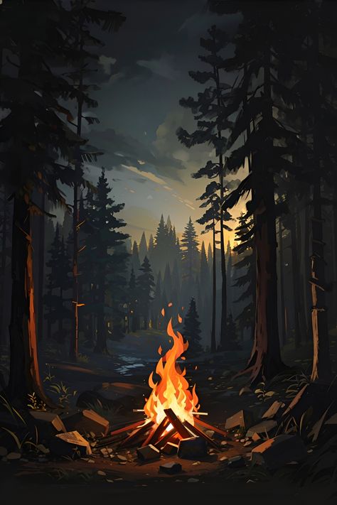 Go Outside, In The Woods, Campfire, Forest, Art