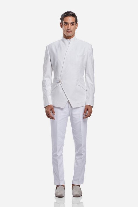 Wrap Suit Men, All White Outfit Men, Pushed Back Hair, White Suit Men, White Leather Jacket Outfit, Prince Suit, White Turtle Neck, Indian Men Fashion, All White Outfit