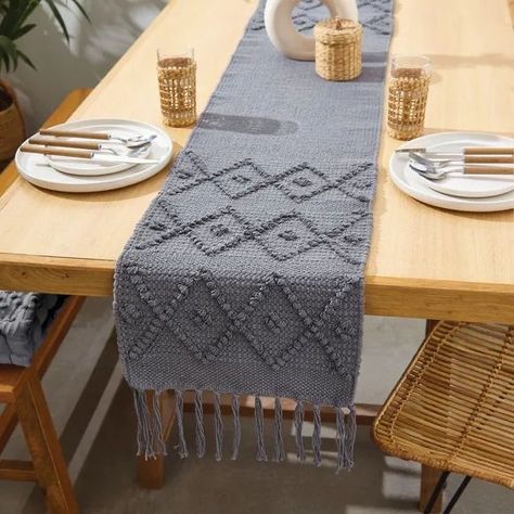 Grey Table Runner, Punch Table, Formal Table Setting, Macrame Runner, Macrame Table Runner, Dining Table Runners, Unique Plates, Grey Runner, Kilim Pattern