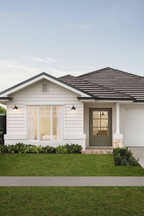 White Cladded House, House Exterior Weatherboard, Hamptons Homes Exterior, White Green House Aesthetic, Australian Houses Exterior, Australian House Facade, Small Hamptons House Exterior, White Rendered House Exterior Australia, White House Exterior Australia